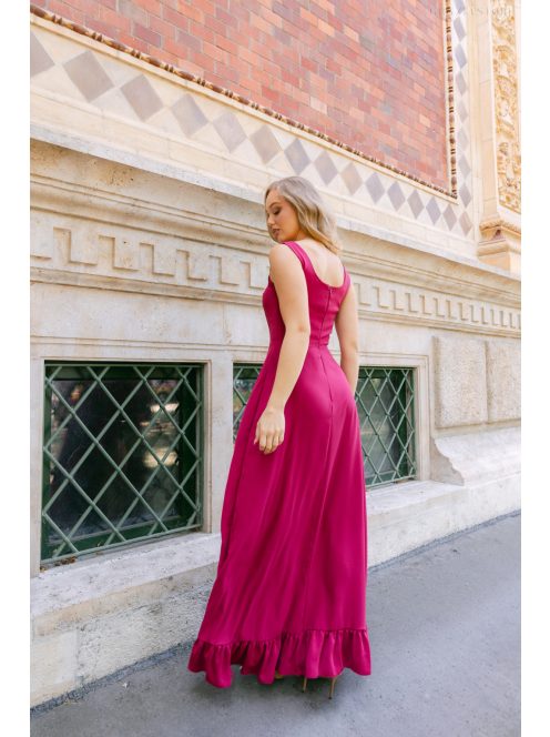 Bianka– sötétmályva muszlin alkalmi ruha aszimmetrikus fodros szoknyával