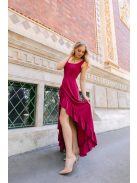 Bianka– sötétmályva muszlin alkalmi ruha aszimmetrikus fodros szoknyával