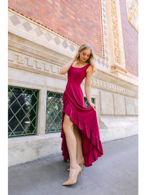 Bianka– sötétmályva muszlin alkalmi ruha aszimmetrikus fodros szoknyával