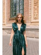 Johanna – sötétzöld pliszírozott alkalmi ruha mély dekoltázzsal