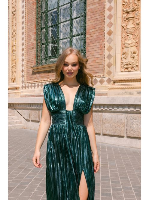 Johanna – sötétzöld pliszírozott alkalmi ruha mély dekoltázzsal