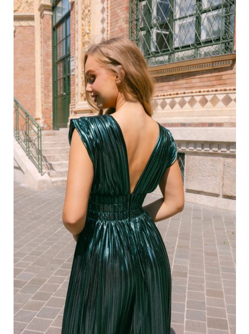 Johanna – sötétzöld pliszírozott alkalmi ruha mély dekoltázzsal