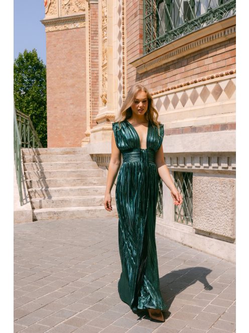 Johanna – sötétzöld pliszírozott alkalmi ruha mély dekoltázzsal