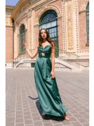 Ajsa - sötétzöld szatén pántnélküli maxi ruha fűzős hátrésszel