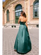 Ajsa - sötétzöld szatén pántnélküli maxi ruha fűzős hátrésszel