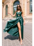 Ajsa - sötétzöld szatén pántnélküli maxi ruha fűzős hátrésszel