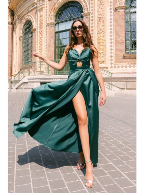 Ajsa - sötétzöld szatén pántnélküli maxi ruha fűzős hátrésszel
