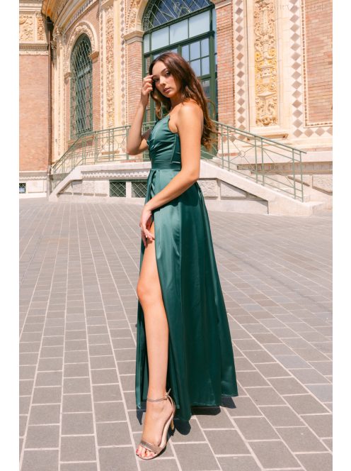 Ajsa - sötétzöld szatén pántnélküli maxi ruha fűzős hátrésszel