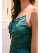 Ajsa - sötétzöld szatén pántnélküli maxi ruha fűzős hátrésszel