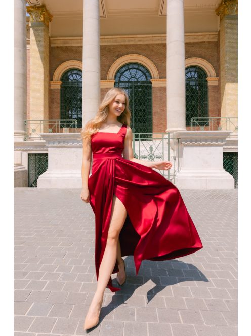 Maya - bordópiros szatén alkalmi ruha átlapolt rakásos szoknyával