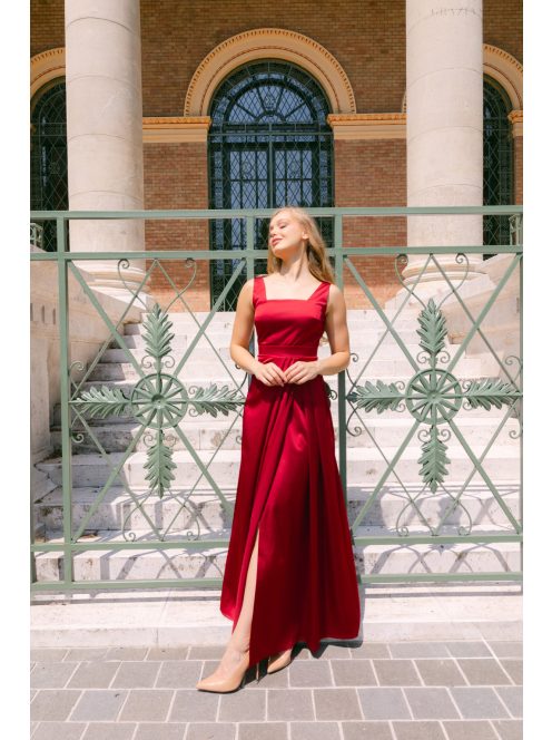 Maya - bordópiros szatén alkalmi ruha átlapolt rakásos szoknyával