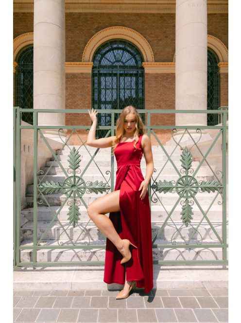 Maya - bordópiros szatén alkalmi ruha átlapolt rakásos szoknyával