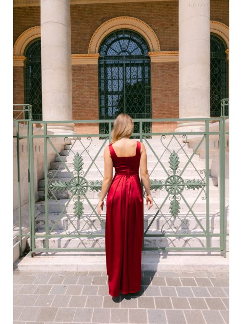 Maya - bordópiros szatén alkalmi ruha átlapolt rakásos szoknyával