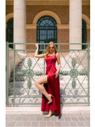 Maya - bordópiros szatén alkalmi ruha átlapolt rakásos szoknyával