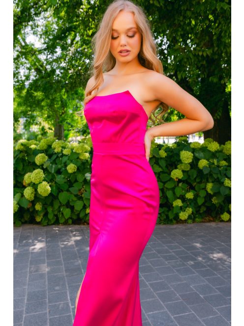Marilyn – pántnélküli szatén maxi ruha magenta színben, sliccelt szoknyával