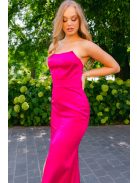Marilyn – pántnélküli szatén maxi ruha magenta színben, sliccelt szoknyával