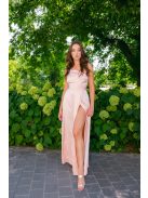 Linda - púder színű féloldalas lágy szatén maxi ruha masnival