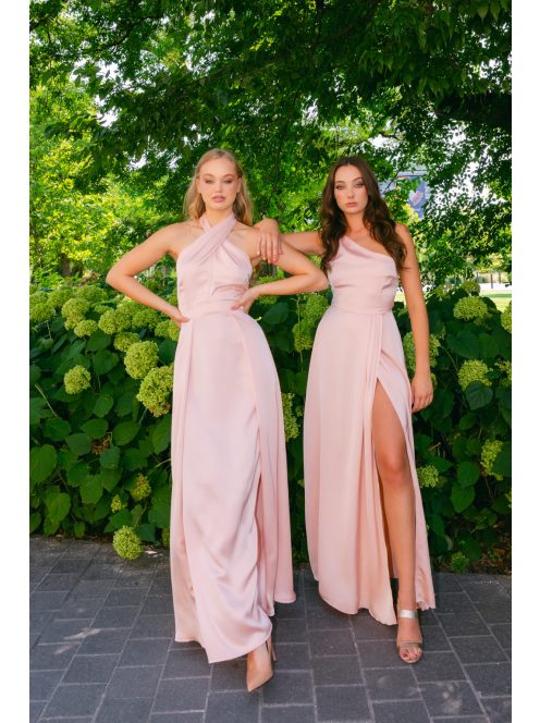 Lia - púder színű lágy szatén maxi ruha keresztezett felsőrésszel és nyakban megkötős pánttal
