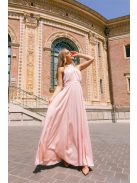 Lia - púder színű lágy szatén maxi ruha keresztezett felsőrésszel és nyakban megkötős pánttal