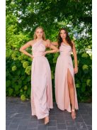 Lia - púder színű lágy szatén maxi ruha keresztezett felsőrésszel és nyakban megkötős pánttal