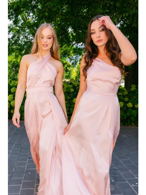 Lia - púder színű lágy szatén maxi ruha keresztezett felsőrésszel és nyakban megkötős pánttal