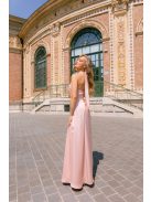 Lia - púder színű lágy szatén maxi ruha keresztezett felsőrésszel és nyakban megkötős pánttal