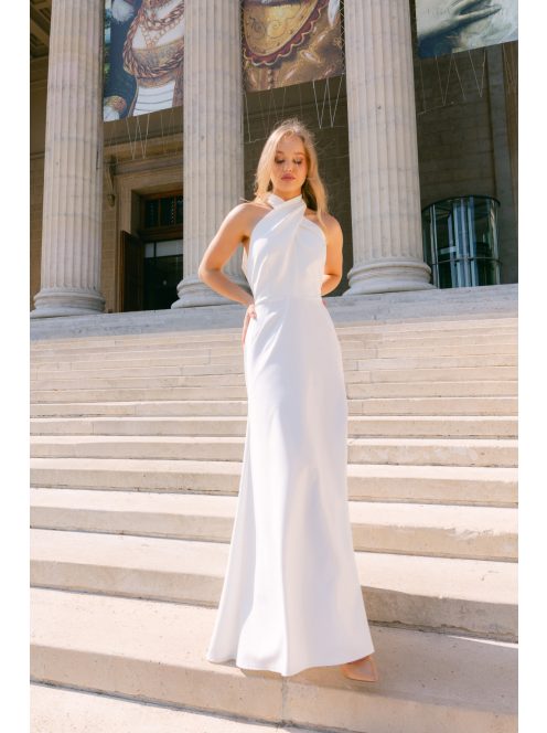 Lia - fehér színű matt anyagú maxi ruha keresztezett felsőrésszel és nyakban megkötős pánttal