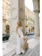 Maya – fehér light szatén maxi ruha átlapolt rakott szoknyával