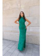 Lia - sötétzöld anyagában mintás jacquard maxi ruha keresztezett felsőrésszel