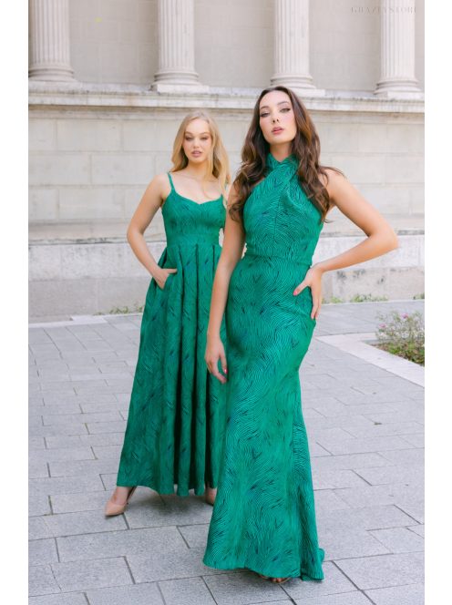 Lia - sötétzöld anyagában mintás jacquard maxi ruha keresztezett felsőrésszel