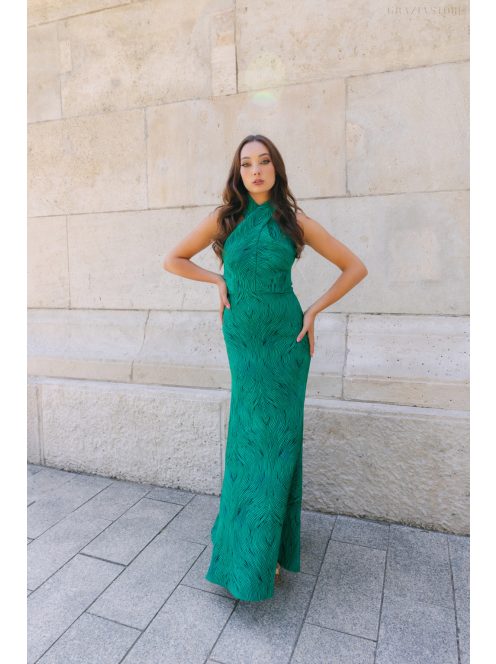 Lia - sötétzöld anyagában mintás jacquard maxi ruha keresztezett felsőrésszel