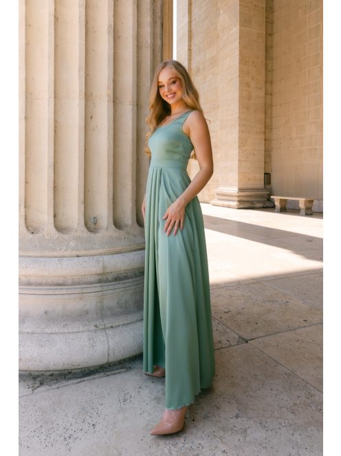 Maya – zsálya színű szatén alkalmi ruha átlapolt rakásos szoknyával