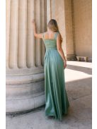 Maya – zsálya színű szatén alkalmi ruha átlapolt rakásos szoknyával