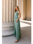 Maya – zsálya színű szatén alkalmi ruha átlapolt rakásos szoknyával