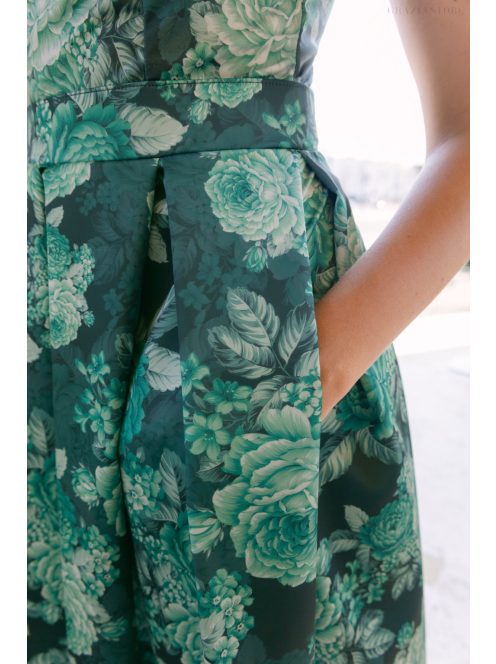 Frida – virágmintás szatén maxi ruha ejtett vállú elasztikus felsőrésszel 