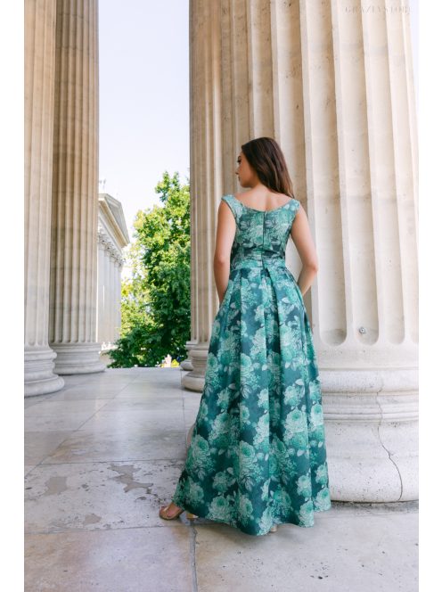 Frida – virágmintás szatén maxi ruha ejtett vállú elasztikus felsőrésszel 