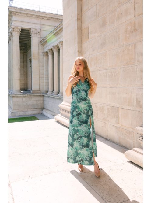 Annabella – kvetinkové saténové maxi šaty s hlbokým dekoltom a výstrihom chrbtovej časti do V