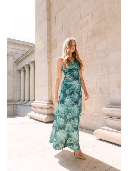 Annabella – kvetinkové saténové maxi šaty s hlbokým dekoltom a výstrihom chrbtovej časti do V
