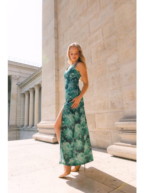 Annabella – kvetinkové saténové maxi šaty s hlbokým dekoltom a výstrihom chrbtovej časti do V