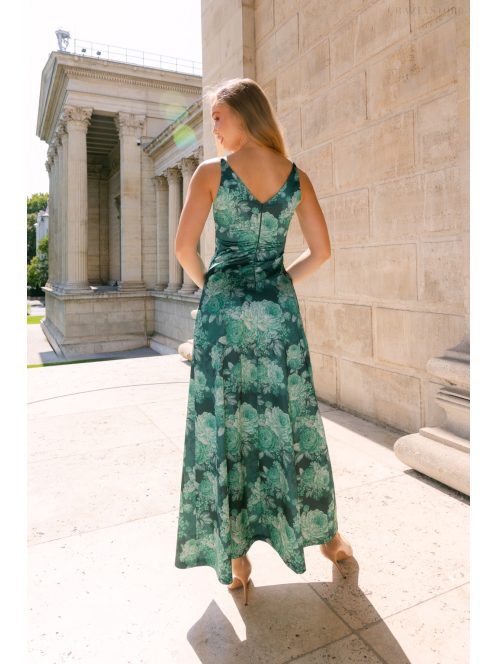 Annabella – kvetinkové saténové maxi šaty s hlbokým dekoltom a výstrihom chrbtovej časti do V
