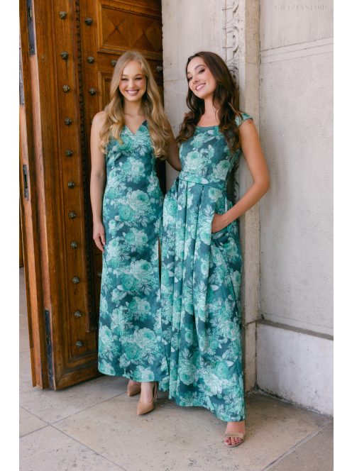 Annabella – kvetinkové saténové maxi šaty s hlbokým dekoltom a výstrihom chrbtovej časti do V