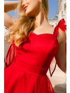 Elena – Červené saténové mini šaty s tylovou sukňou a s ramienkami so zaväzovaním na mašľu