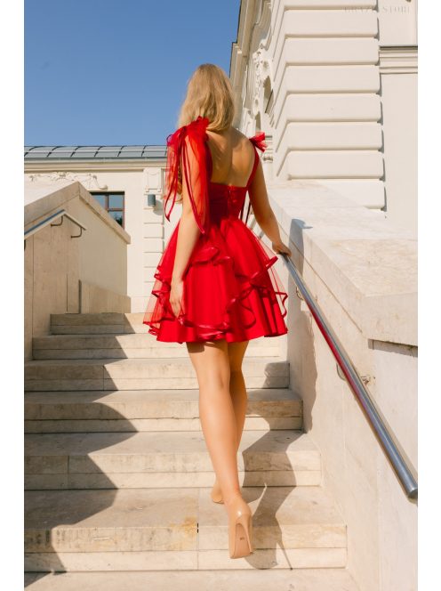 Elena – Červené saténové mini šaty s tylovou sukňou a s ramienkami so zaväzovaním na mašľu