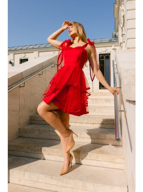 Elena – Červené saténové mini šaty s tylovou sukňou a s ramienkami so zaväzovaním na mašľu