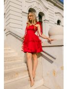 Elena – Červené saténové mini šaty s tylovou sukňou a s ramienkami so zaväzovaním na mašľu