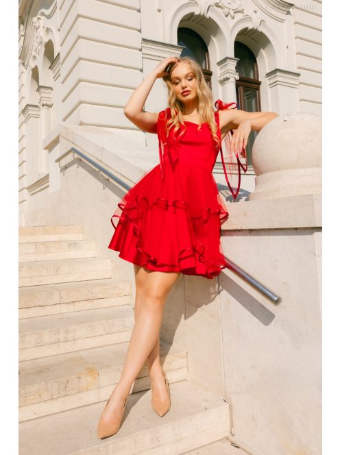 Elena – Červené saténové mini šaty s tylovou sukňou a s ramienkami so zaväzovaním na mašľu