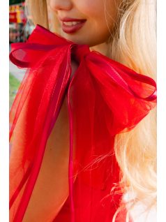   Elena – Červené saténové mini šaty s tylovou sukňou a s ramienkami so zaväzovaním na mašľu