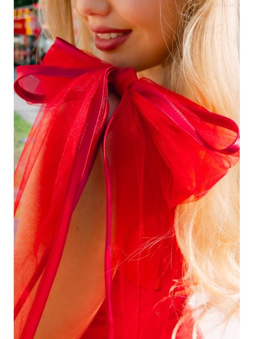 Elena – Červené saténové mini šaty s tylovou sukňou a s ramienkami so zaväzovaním na mašľu