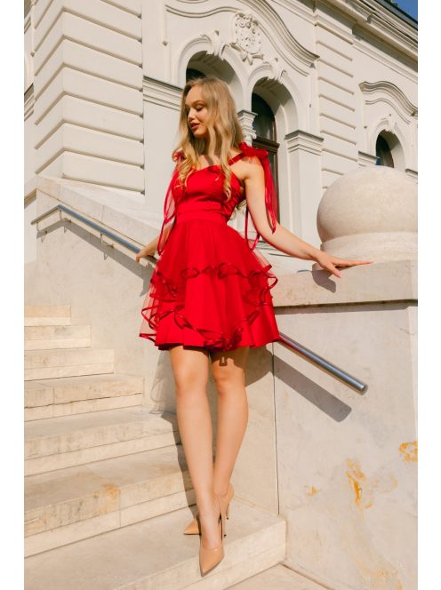 Elena – Červené saténové mini šaty s tylovou sukňou a s ramienkami so zaväzovaním na mašľu