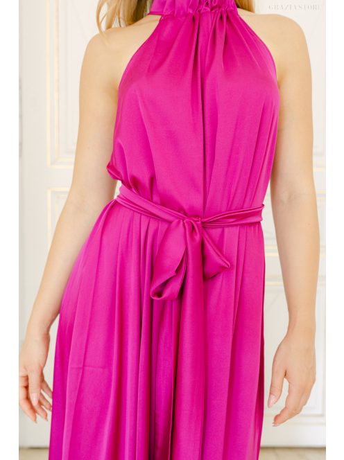 Olga – Magenta light szatén maxi ruha megkötős nyakkal és bő szabással